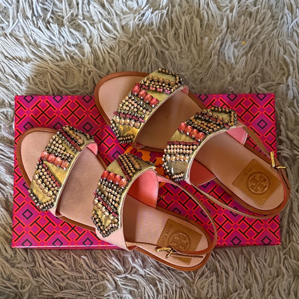 Tory Burch Coral and Gold Beaded Slide Sandals with Ankle Strap